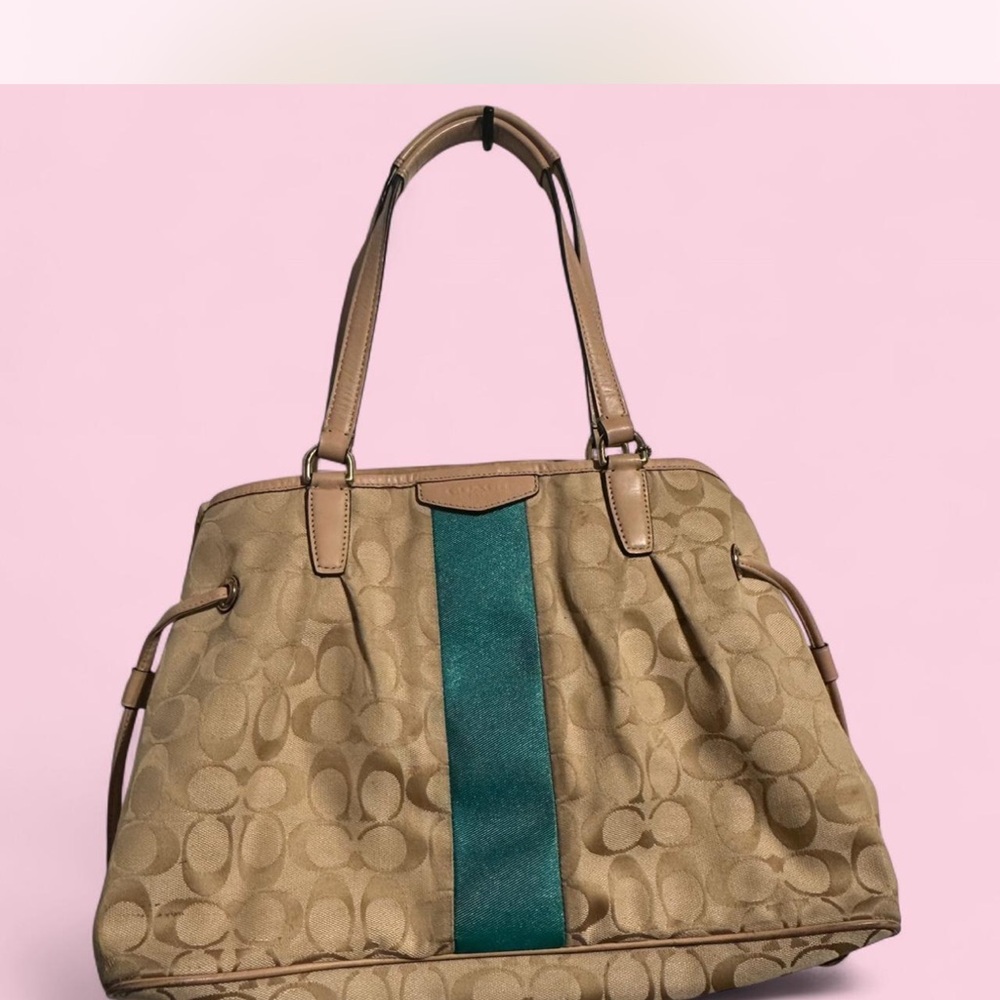 Coach Tan and Green Shoulder Bag with Signature Monogram